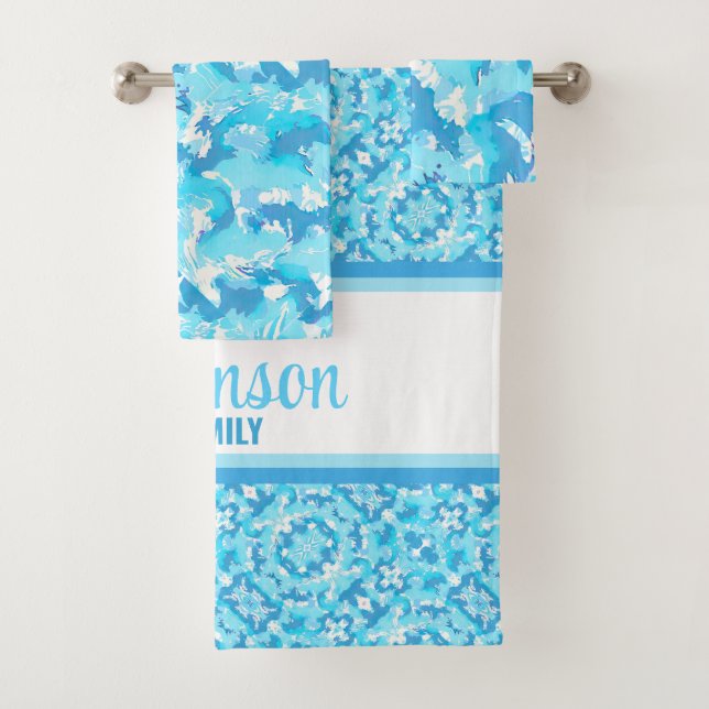 Light blue and White Abstract with name Bath Towel Set (Insitu)