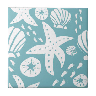 Light Blue and White Beach Seashell Ceramic Tile