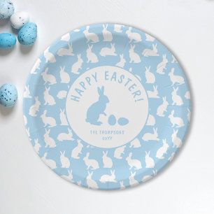 Light Blue And White Bunny Pattern Happy Easter Paper Plate