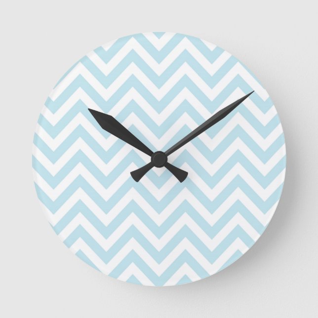 Light Blue and White Chevron Stripe Pattern Round Clock (Front)