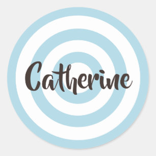 Light Blue and White Circles Dark Brown Name Classic Round Sticker