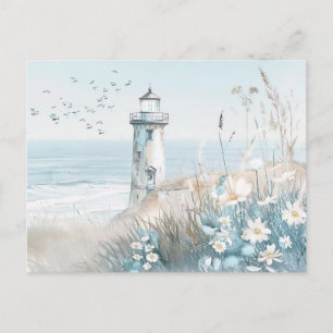 light blue and white coastal landscape postcard