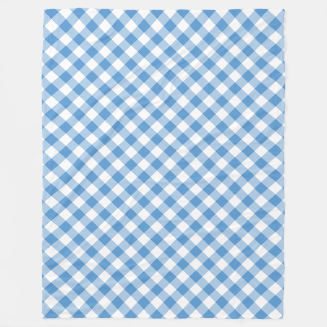 Light Blue and White Diagonal Gingham Plaid Fleece Blanket (Front)