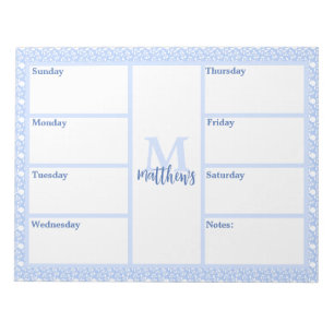 Light Blue and White Floral Weekly Planner Notepad