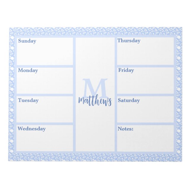 Light Blue and White Floral Weekly Planner Notepad (Front)