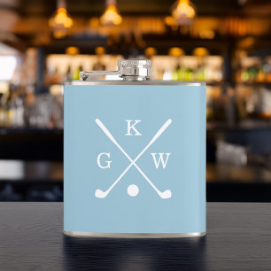 Light Blue and White Golf Clubs Monogrammed Hip Flask