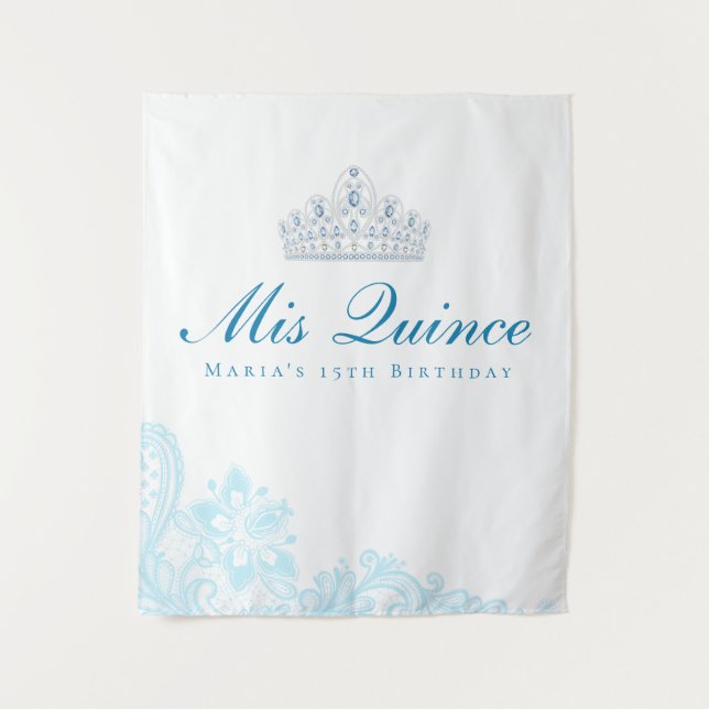 Light Blue and White Lace Quinceanera Backdrop Tapestry (Front)