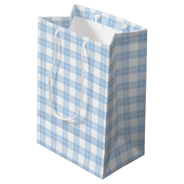 Light Blue and White Plaid Pattern Medium Gift Bag (Back Angled)