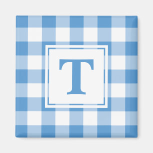 Light Blue and White Plaid Pattern with Monogram Magnet