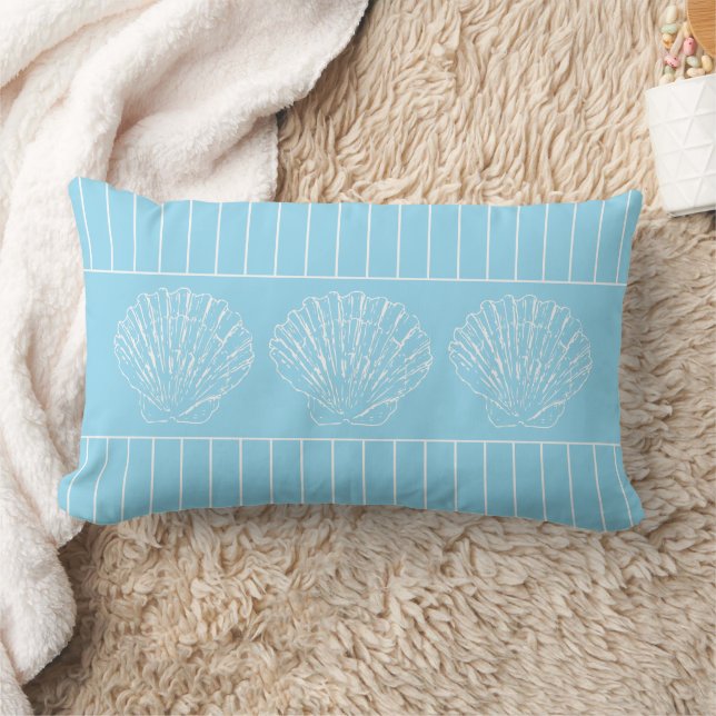 Light Blue and White Seashells and Stripes Lumbar Cushion (Blanket)