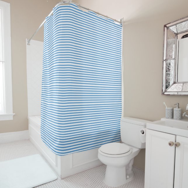 Light Blue And White Striped Shower Curtain (In Situ)