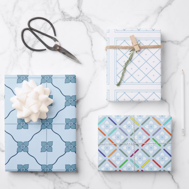 Light Blue and White Tiles Assorted Wrapping Paper Sheet (Front)