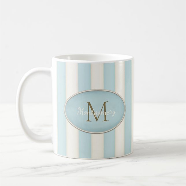 Light Blue & Antique White Stripes Bronze Monogram Coffee Mug (Left)