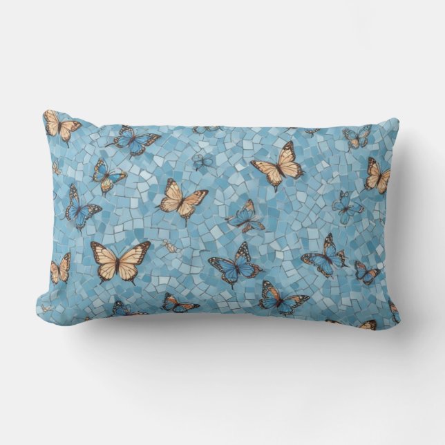 Light Blue Background Butterflies Mosaic Lumbar Cushion (Front)