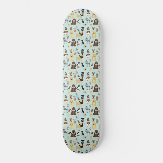 light blue background dogs pattern. skateboard (Front)