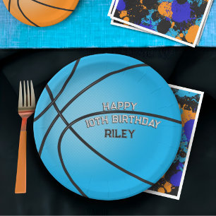 Light Blue Basketball Happy Birthday Name Paper Plate
