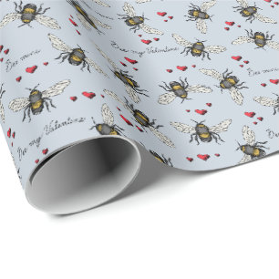 Light Blue Bee Mine/Be My Valentine Bees & Hearts Wrapping Paper