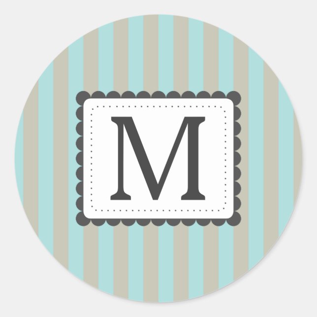 Light Blue & Beige Stripes Custom Monogram Classic Round Sticker (Front)