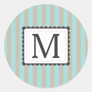 Light Blue & Beige Stripes Custom Monogram Classic Round Sticker
