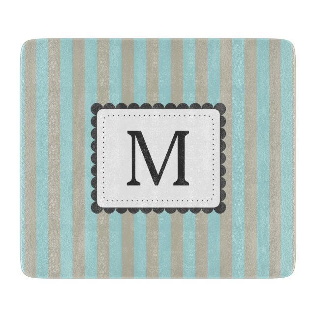 Light Blue & Beige Stripes Custom Monogram Cutting Board (Front)