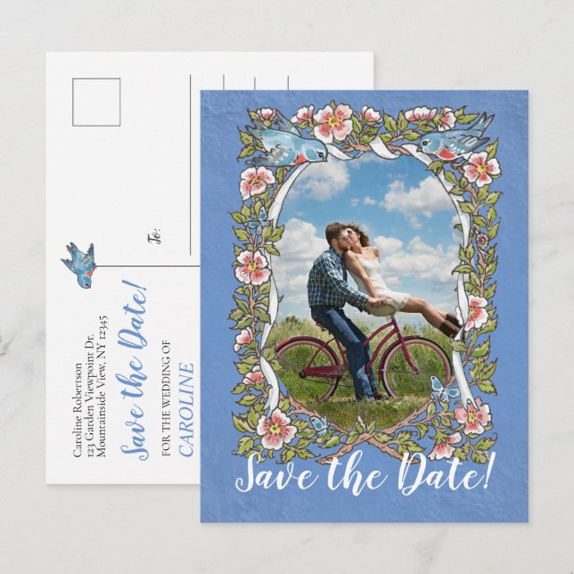 Light Blue Bird Floral Photo Wedding Save Date  Announcement Postcard (Front/Back)