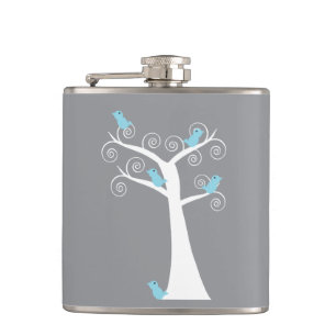 Light Blue Birds on Whimsical White Swirl Tree Hip Flask