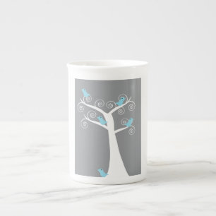 Light Blue Birds on Whimsical White Swirl Tree Mod Bone China Mug