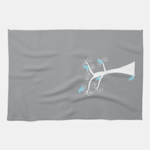Light Blue Birds on Whimsical White Swirl Tree Mod Tea Towel