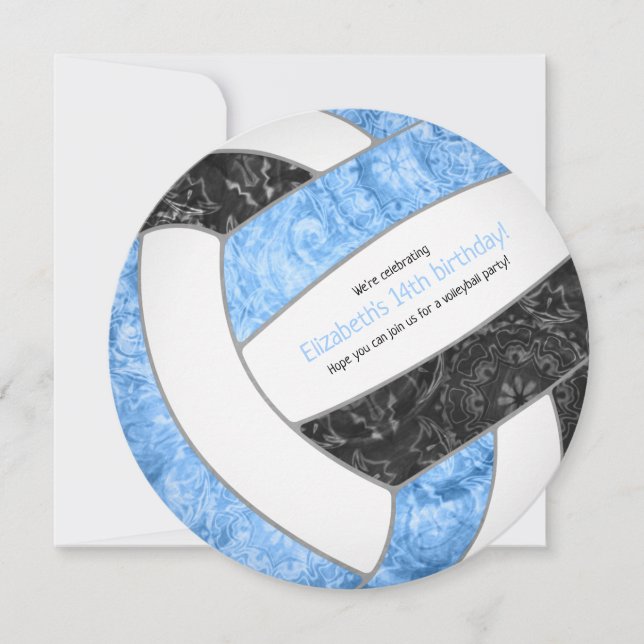 light blue black girly volleyball birthday party announcement (Front)