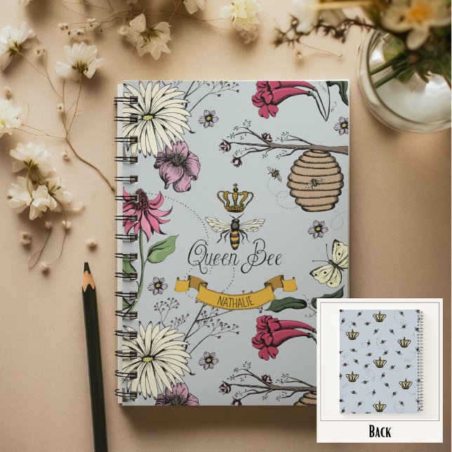 Light Blue, Black & Gold Queen Bee, Crown & Scroll Notebook (Chic Queen Bee Custom Notebook
Front: Personalized Name or Message
Back: Fun Queen Bee & Crown Print)
