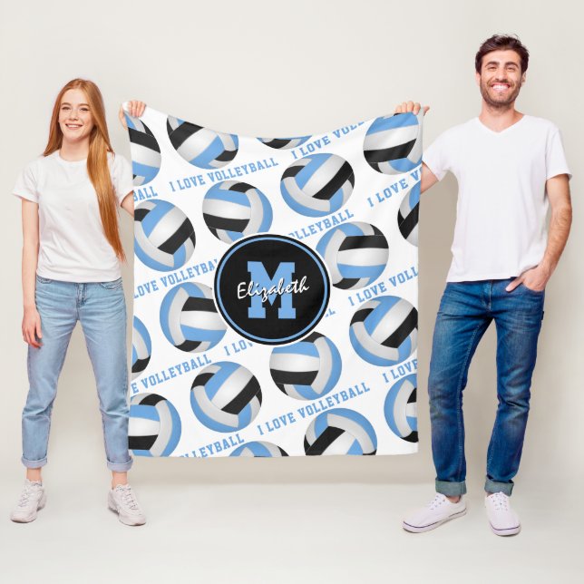 light blue black I love volleyball text pattern Fleece Blanket (In Situ)
