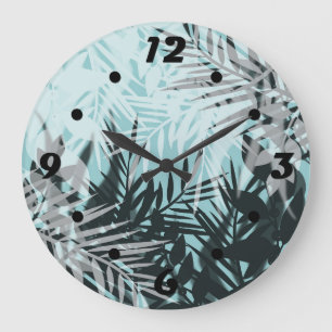Light blue black tropical pattern large clock