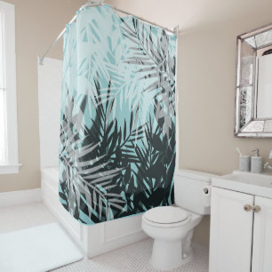 Light blue black tropical pattern shower curtain