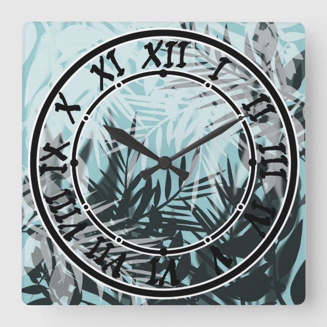 Light blue black tropical pattern square wall clock (Front)