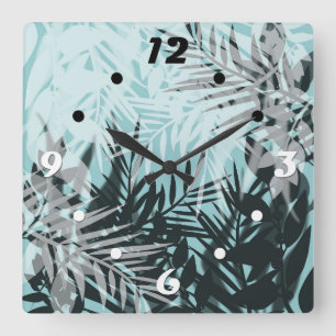 Light blue black tropical pattern square wall clock