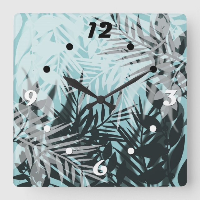 Light blue black tropical pattern square wall clock (Front)