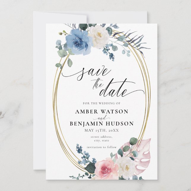 Light Blue Blush Dusty Pink Floral Save The Date Invitation (Front)