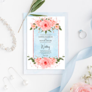 Light Blue & Blush Flower Dusty Blue Botanical  Invitation