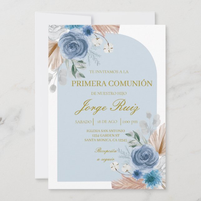 Light blue boho first communion   invitation (Front)