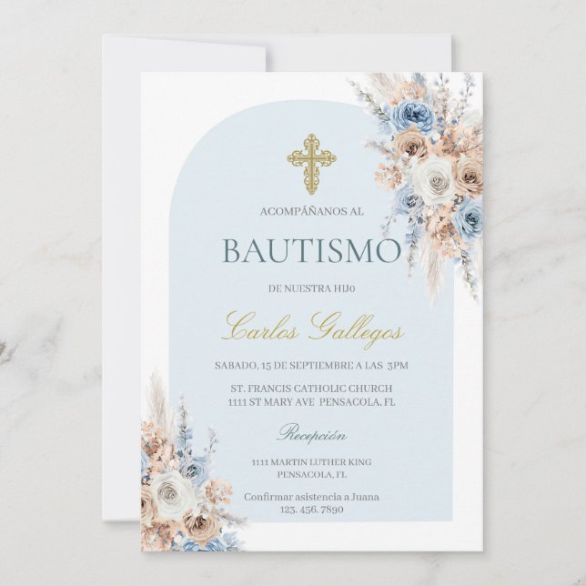 Light blue boho floral baptism  invitation (Front)