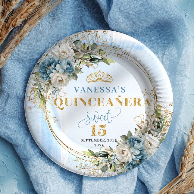Light Blue Boho Floral Eucalyptus Gold Glitter  Paper Plate (Light Blue Boho Floral Eucalyptus Gold Glitter Plates)