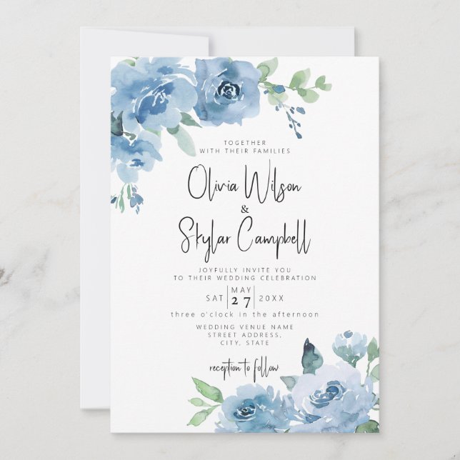 Light Blue Boho Floral QR Code All in One Wedding Invitation (Front)