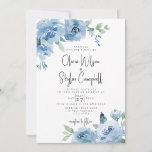 Light Blue Boho Floral QR Code All in One Wedding Invitation