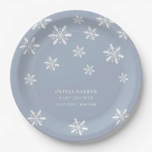 Light Blue Boho Winter Snowflake Baby Shower  Paper Plate (Front)