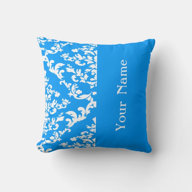 Light Blue Bold Damask w/ name @ Emporiomoffa Cushion (Front)