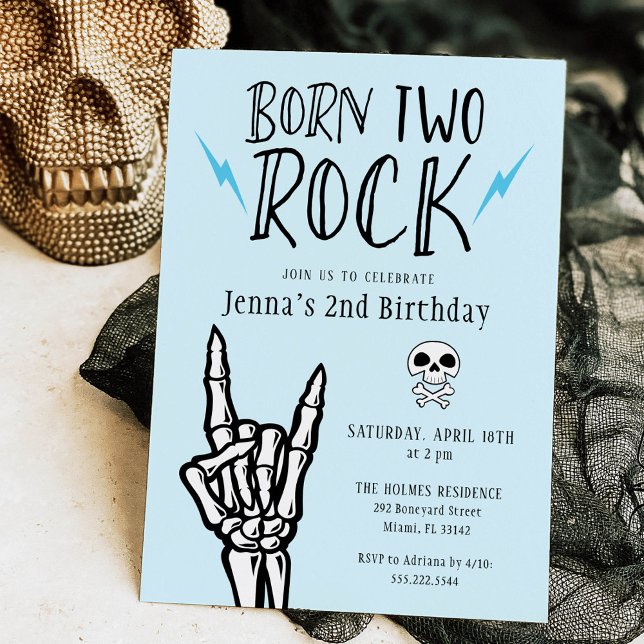 Light Blue Born Two Rock 2nd Birthday Party Invitation (Creator Uploaded)