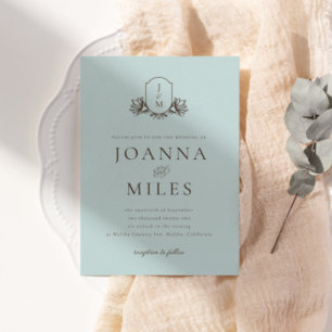 Light Blue Botanical Monogram Crest Wedding Invitation