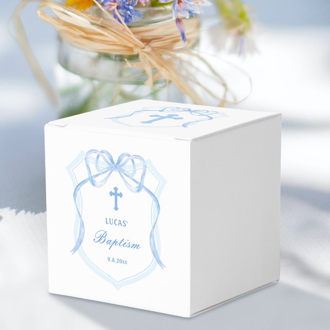 Light Blue Bow Crest Baptism Cube Favour Box (Creator Uploaded)