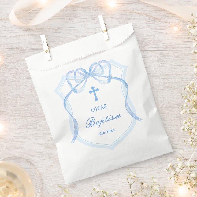 Light Blue Bow Crest Baptism Favour Bag (Clipped)