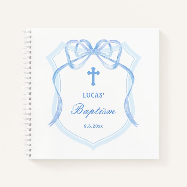 Light Blue Bow Crest Baptism Guest Book (Front)